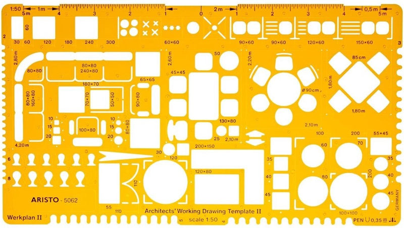 Aristo Architects Kombinationsvorlage II – Maßstab 1:50 – mit Tintenpunkten – orange transparent – AR-5062
