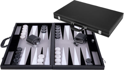 Engelhart Backgammon 21 Zoll – grau, schwarz und weiß eingelegtes Brett – luxuriöses schwarzes Gehäuse mit Griff –