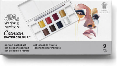 Winsor Newton 0390670 Cotman Aquarellfarben-Set – Porträt-Taschenset – 8 halbe Näpfchen Aquarell – kompakte Aquarellpalette mit Pinsel