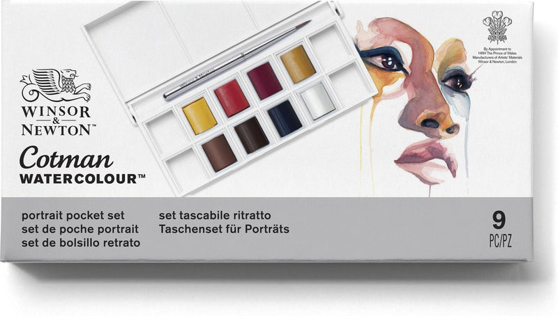 Winsor Newton 0390670 Cotman Aquarellfarben-Set – Porträt-Taschenset – 8 halbe Näpfchen Aquarell – kompakte Aquarellpalette mit Pinsel