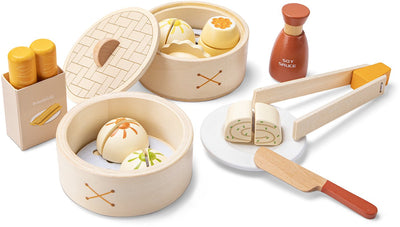 Woet® Dim-Sum-Spielset aus Holz – 23-teiliges asiatisches Rollenspielspielzeug – inklusive Knödel, Stäbchen, Sojasauce und Dampfkörben – FSC-pädagogisches Küchenspielzeug – Spielzeugessen für Kinder – ab 3 Jahren