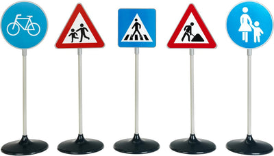 Klein Toys 5-teiliges Verkehrszeichen-Set – 70 cm Höhe – Schilderarten: Radweg, nur Fußgänger, Werkstatt, Fußgängerüberweg und Achtung für Kinder – mehrfarbig