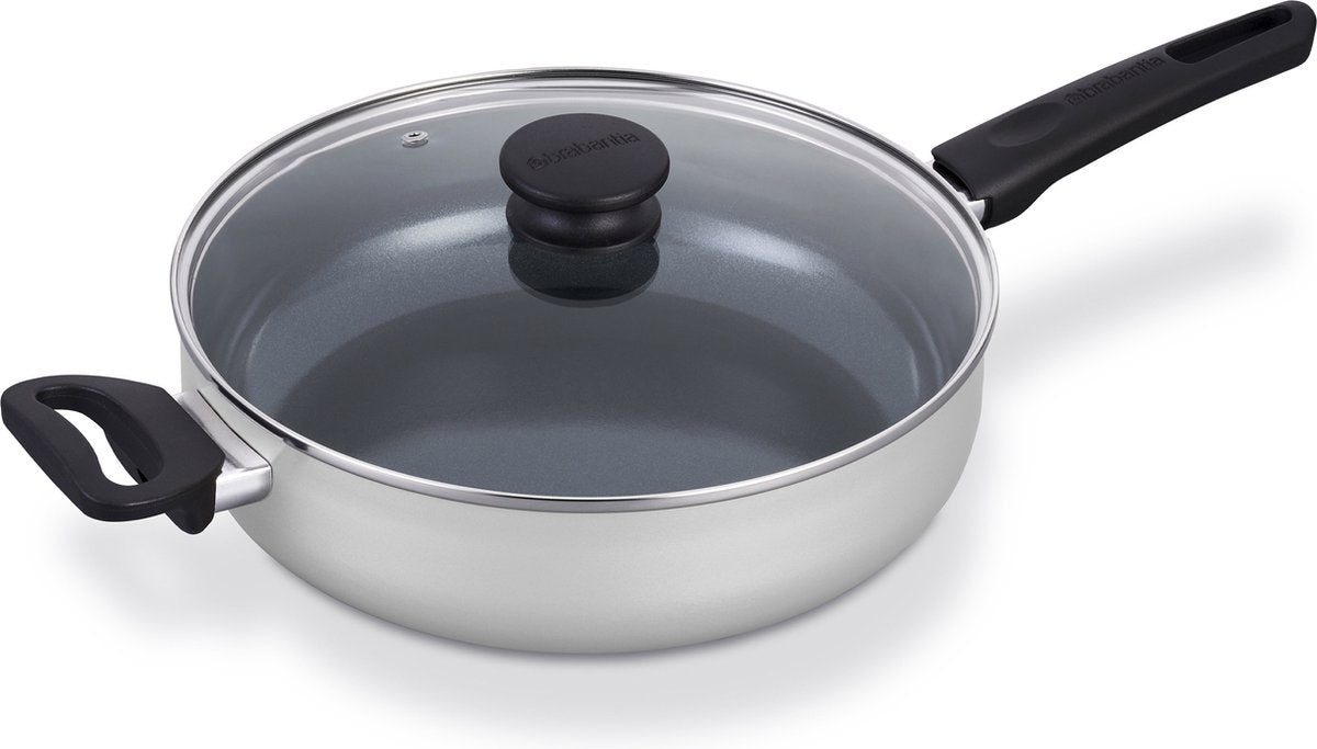 Brabantia Indu+ Schmorpfanne mit Deckel - ø 28 cm - Schmorpfanne - Keramik-Antihaftbeschichtung - für Induktion geeignet - 100 % PFAS-frei - spülmaschinenfest - Grau