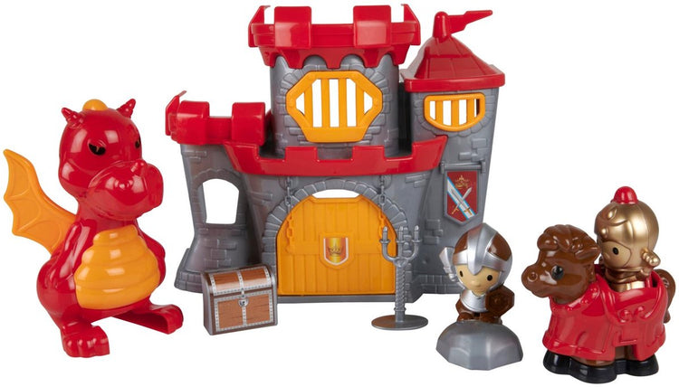 Eddy Toys Burgspielset 8-teilig – Burgspielzeug mit Drache und Ritter – Mittelalterspielzeug mit Pferd und Zubehör – rotgraue Burg für Kinder