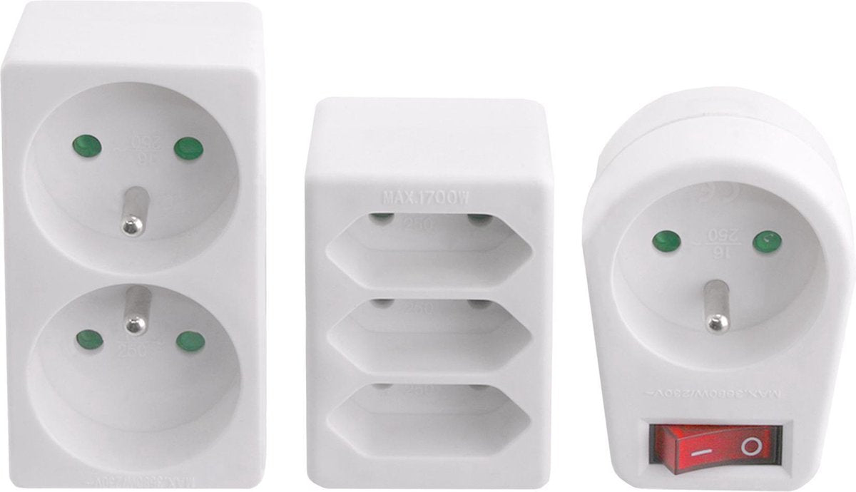 Elro Exin-Steckerverteiler-Set – 3 x Euro – 2 x Stifterde – 1 x Stecker mit Stifterde und Schalter – weiß