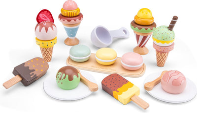 Woet® Eisspielzeug aus Holz – 25-teiliges buntes Spielset mit Eis, Waffeln, Eisportionierer und Tellern – Spielzeug-Essen – Rollenspiel-Küchenspielzeug-Eisstand – ab 3 Jahren