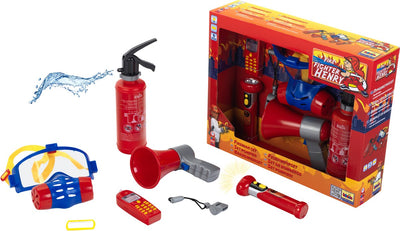 Klein Toys 7-teiliges Feuerwehr-Set – Feuerlöscher, Taschenlampe, Megaphon, Gasmaske, mobiles Spielzeugtelefon, Pfeife und Namensschild – inkl. Licht- und Soundeffekte - Rot Blau
