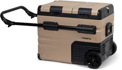 Steamy-e Zweizonen-Roller-Kühlbox mit elektrischem Kompressor auf Rädern – Doppelzone – 45 Liter – 12 V und 230 V – für Auto und Camping – Sandstein