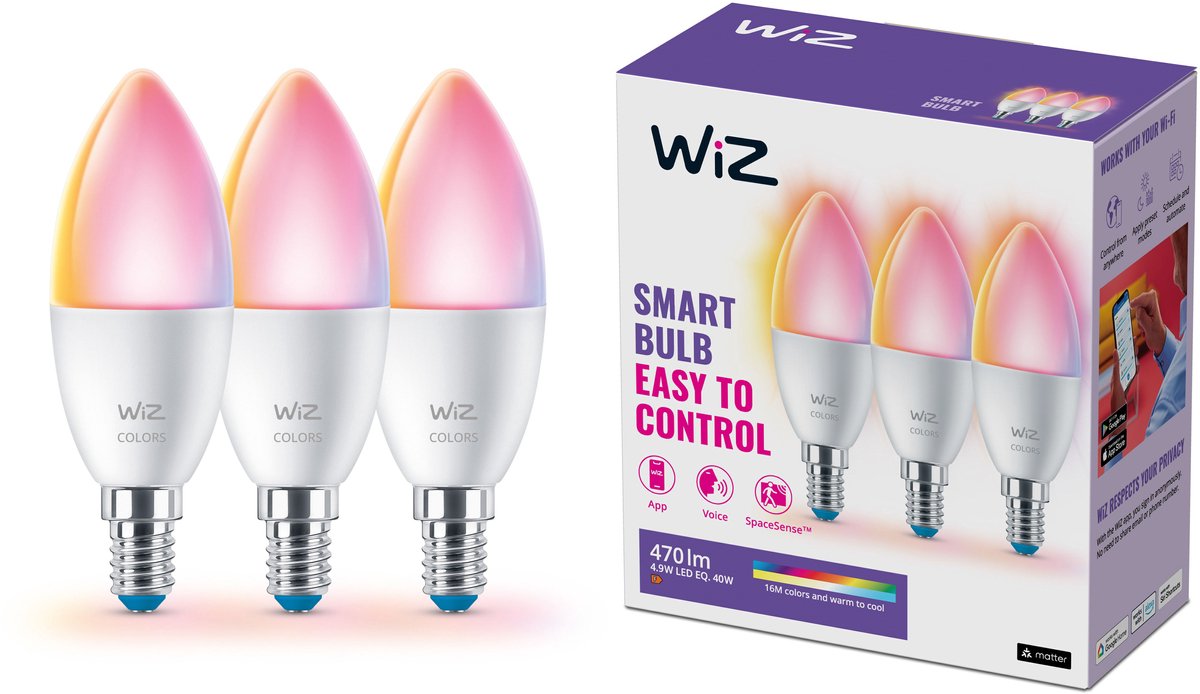Wiz-Kerzenlampen im 3er-Pack – farbiges und weißes Licht – intelligente LED-Beleuchtung – E14-Fassung – 40 W – matt – WLAN