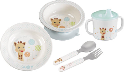 Sophie die Giraffe Essensset – Kindergeschirr – Kinderteller – Trinkbecher – Schüssel – Kinderbesteck – spülmaschinenfest – ab 6 Monaten – 5-teilig – Beigeblau
