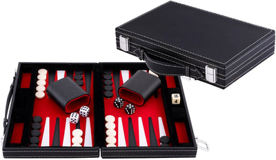 Longfield Backgammon 11 Zoll – rot, schwarz und weiß genähtes Brett – Kunstledertasche mit Griff – Engelsherz