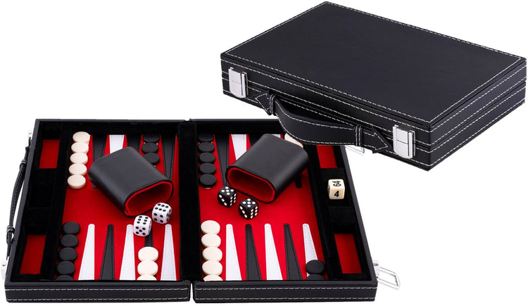 Longfield Backgammon 11 Zoll – rot, schwarz und weiß genähtes Brett – Kunstledertasche mit Griff – Engelsherz