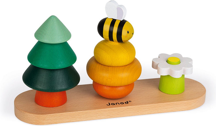 Janod WWF – stapelbare Figur „Der Wald“ – 10 Holzteile, die übereinander gestapelt werden können, um einen Bienenstock, eine Biene und eine Blume zu bilden – geeignet ab 1 Jahr