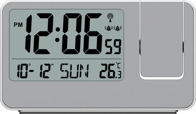 Technoline wt 534 – Wecker – Projektionswecker (180°) – digital – Rechteck – funkgesteuerte Zeitanzeige – 12 24h – Datumsanzeige – Innentemperatur – 12 24 – 2 Alarme – Schlummerfunktion – Kunststoff – Zahlen – silberfarben