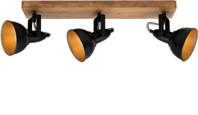 Briloner Barnim – Aufbaustrahler – Deckenlampe mit Strahlern – Deckenstrahler aus Holz – Holz und Metall – Schwarz und Gold