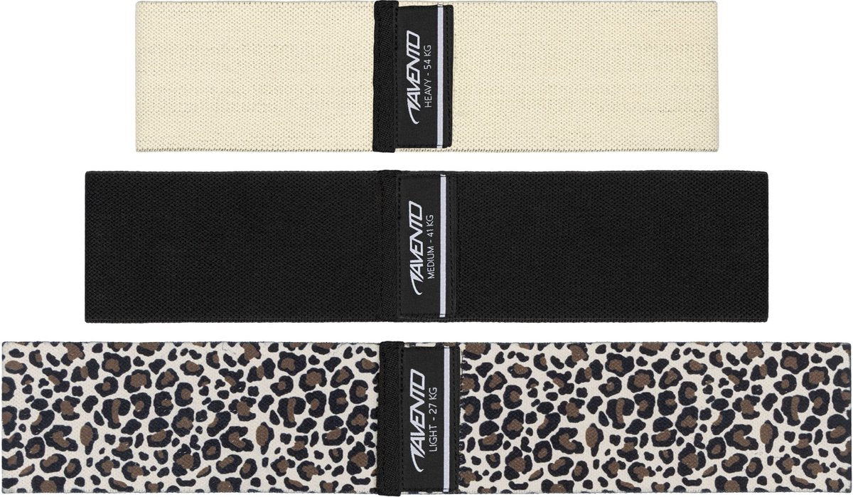 Avento Widerstandsbänder-Set – 3-teilig – Booty-Band – Widerstandsband – Baumwolle – Leoparden-Beige-Schwarz