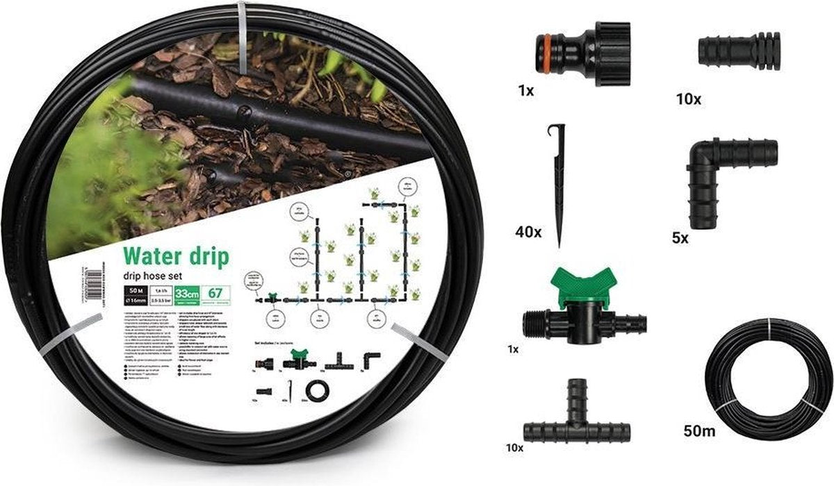 Bradas Wassertropf-Tropfschlauch-Set – 50 m – 33 cm – 1,6 l h – komplettes Tropfsystem