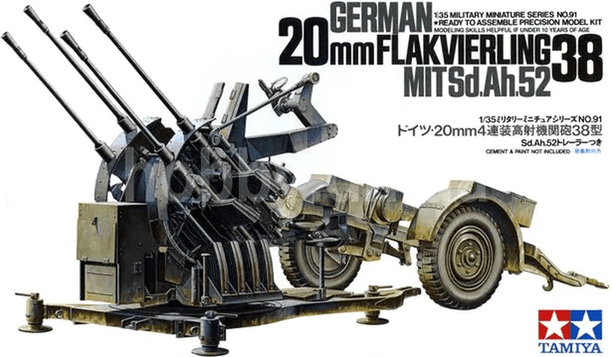 Tamiya Modellbausatz Militärfahrzeuge – 35091 Deutsches 20-mm-Flakvierling 38 aus Kunststoff – 1:35 – Modellbau