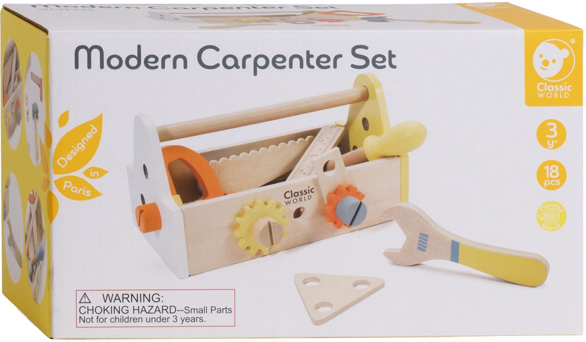 Klassiker World World Wooden Timmermanset mit Toolbox, 18dlg.