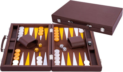 Longfield Backgammon 15 Zoll – braun, gelb und weiß eingelegtes Brett – luxuriöses braunes Gehäuse mit Griff – Engelsherz