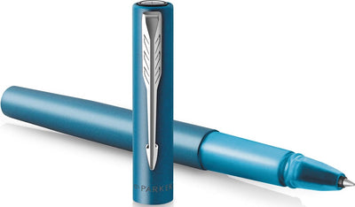 Parker Vector XL Tintenroller | metallische grünblaue Farbe auf Messing mit Chromdetails | feine Feder mit schwarzer Tinte | Geschenkverpackung