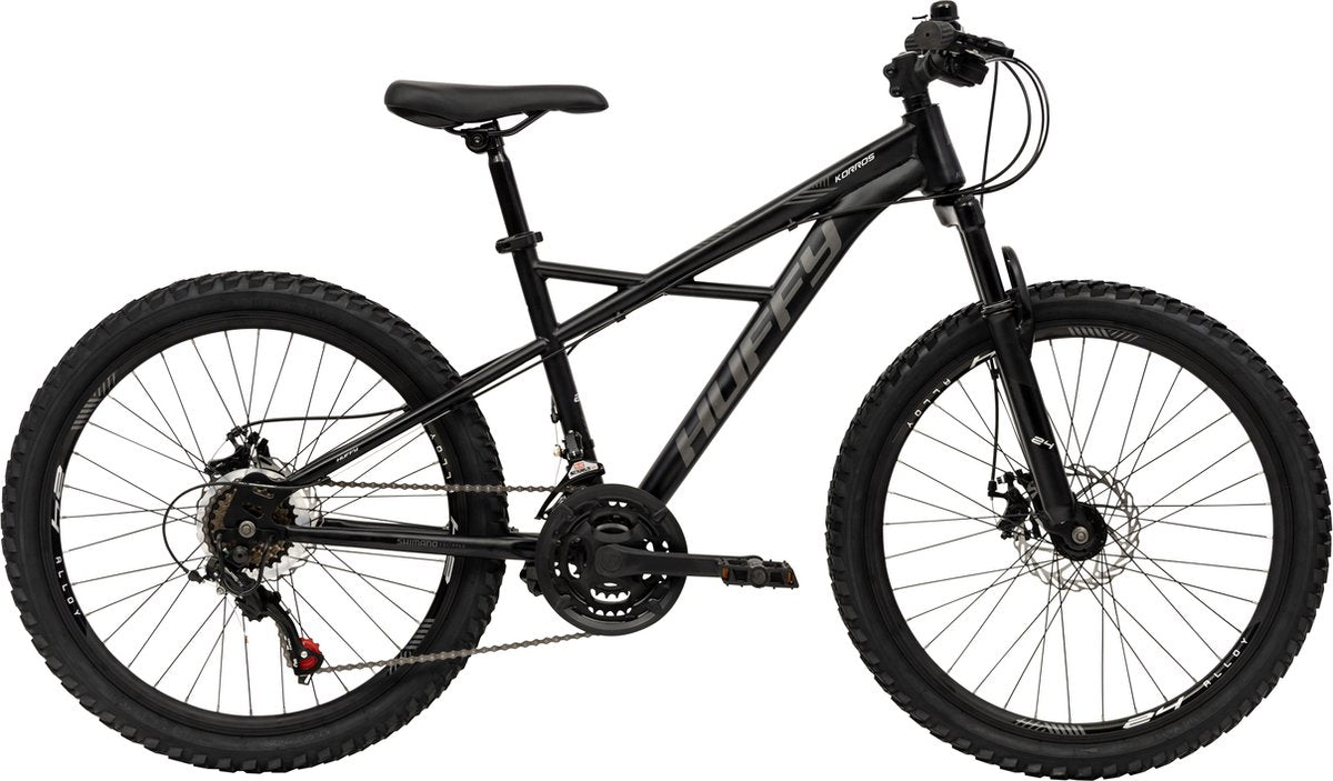 Huffy Korros 24 Zoll Kinder-Mountainbike schwarze Hardtail-Vorderradaufhängung + Shimano 21 Gänge – Kleinkinder 8–13