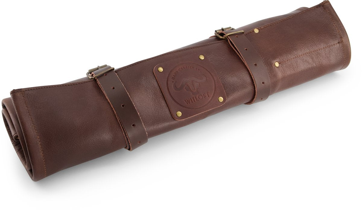 Witloft Messertasche mit 9 Fächern – Büffelleder – aufrollbare Messerrolle, Messermappe – tragbar mit Riemen – Schokolade