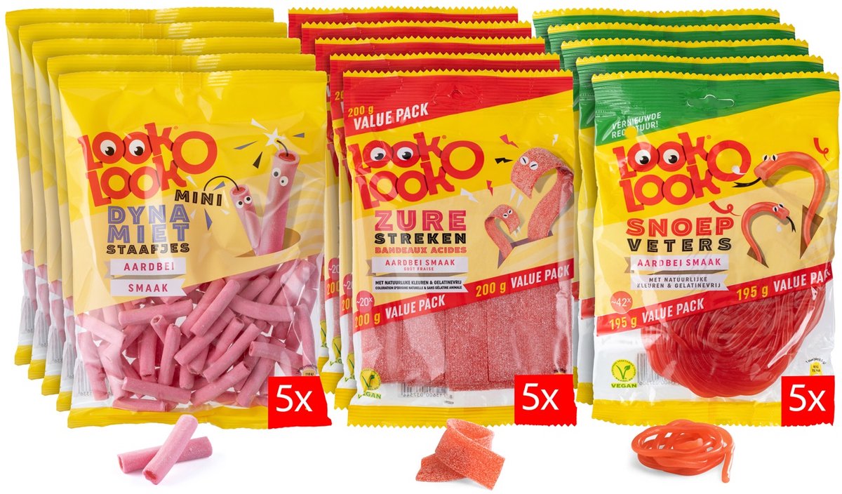 Look-o-look-Look-o-look-Kombinationsbox – Süßigkeiten – Mischung aus sauren Erdbeerstreifen, Erdbeer-Bonbonspitzen, Erdbeer-Dynamitstangen – 1x15 Stück