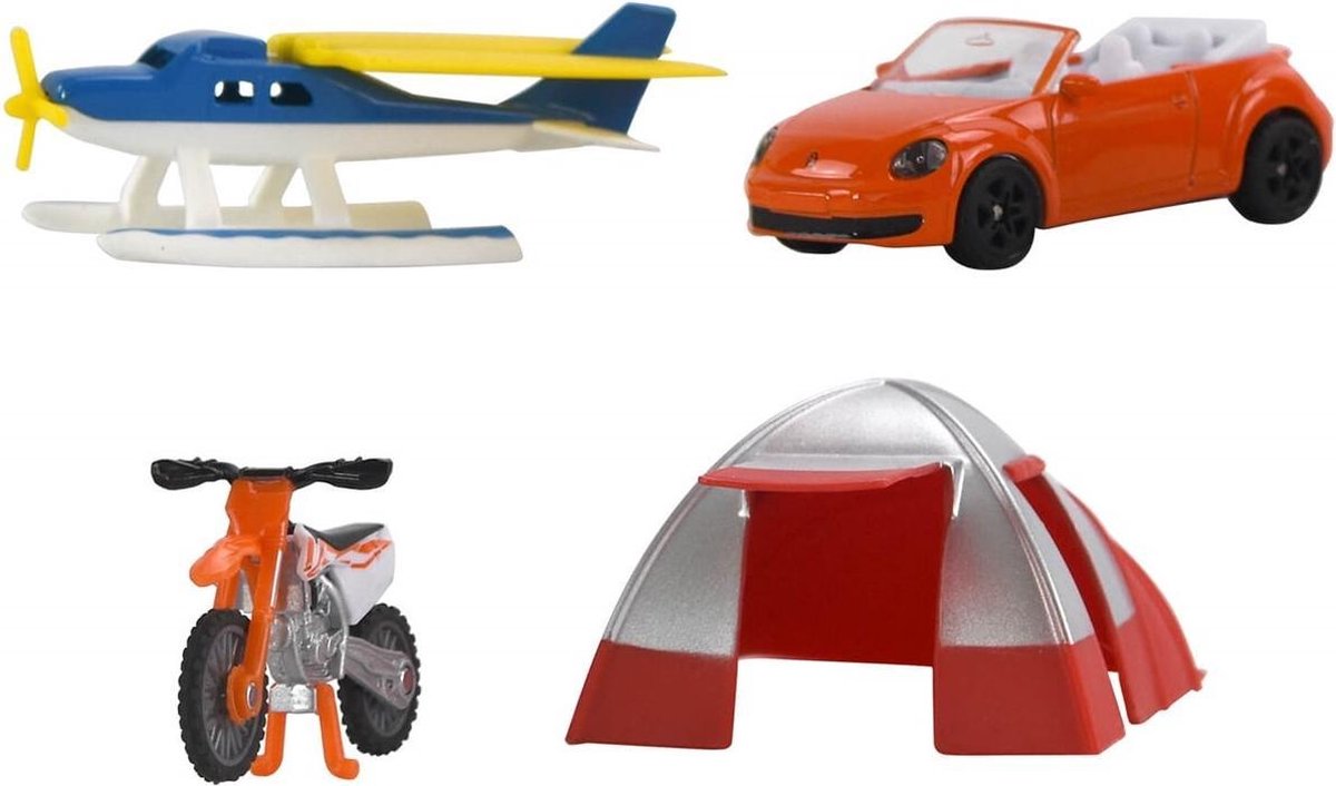 Siku 6325 Freizeitset, bestehend aus Cabrio, Cross-Motorrad, Wasserflugzeug und Zelt, Material: Metall-Kunststoff