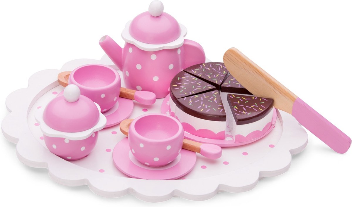New Classic Toys ® Teeservice aus Holz rosa – 18-teiliges Teeservice mit Tablett, Teekanne, Tassen und Kuchen – FSC – Rollenspiel-Geschirrspielzeug – ab 24 Monaten