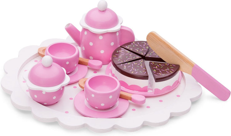 New Classic Toys ® Teeservice aus Holz rosa – 18-teiliges Teeservice mit Tablett, Teekanne, Tassen und Kuchen – FSC – Rollenspiel-Geschirrspielzeug – ab 24 Monaten