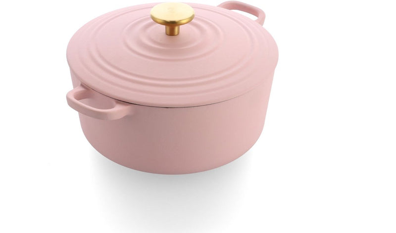 BK Burgunderroter Gusseisen-Kasserolle, 28 cm, 6,7 l – Induktions-Kasserolle – Gusseisen-Kasserolle – ofenfest bis 230 Grad – Deckel mit Tropfringen – weiße Emaille-Innenseite – Blush Pink