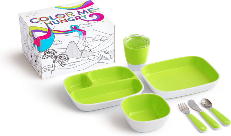 Munchkin Kindergeschirr-Set – Splash Colorme Hungriges Set – Geschenkset für Kinder – 7-teiliges Ess-Set – Teller, Schüsseln, Löffel und Gabeln – Mutterschaftsgeschenk – Grün