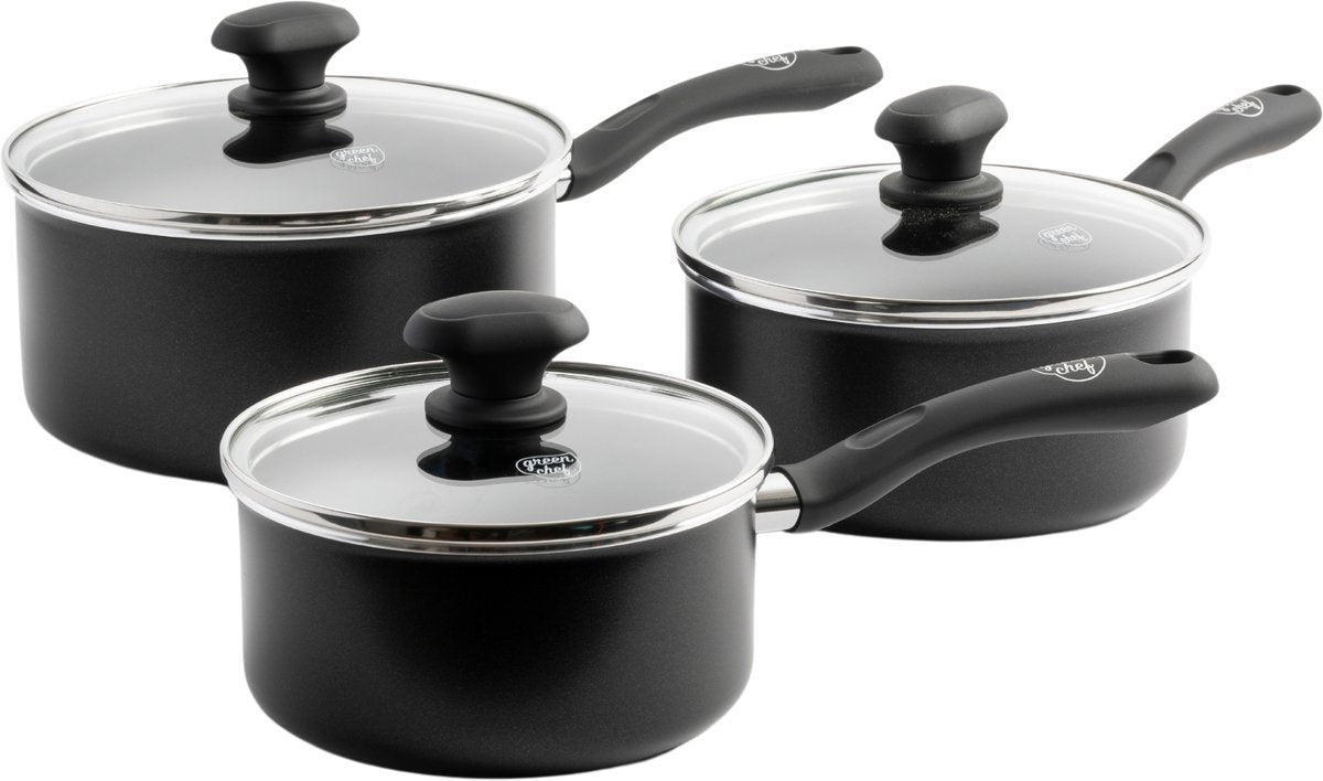 Greenchef Diamond Kochtopf-Set 3-teilig – 16 18 20 cm – 1,5 2,1 2,3 l – PFAS-freie Antihaftbeschichtung – Induktions-Pfannenset – Keramikpfanne – ofenfest bis 160 °C – Kühlgriff – mit Glasdeckel – Schwarz