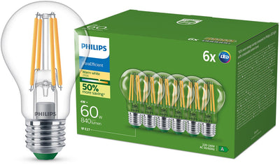 Philips LED Ultraeffiziente LED-Lampe von Philips, transparent – ​​60 W – E27-Fassung – warmweißes Licht; 2700 K – ultraeffizient: Energielabel A – 6er-Pack