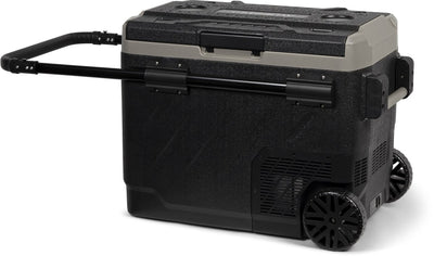 Steamy-e Zweizonen-Roller-Kühlbox mit elektrischem Kompressor auf Rädern – Doppelzone – 49 Liter – 12 V und 230 V – für Auto und Camping – Schwarz