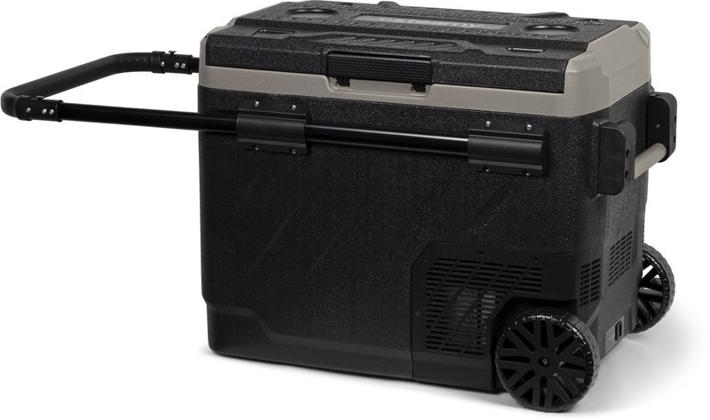 Steamy-e Zweizonen-Roller-Kühlbox mit elektrischem Kompressor auf Rädern – Doppelzone – 49 Liter – 12 V und 230 V – für Auto und Camping – Schwarz