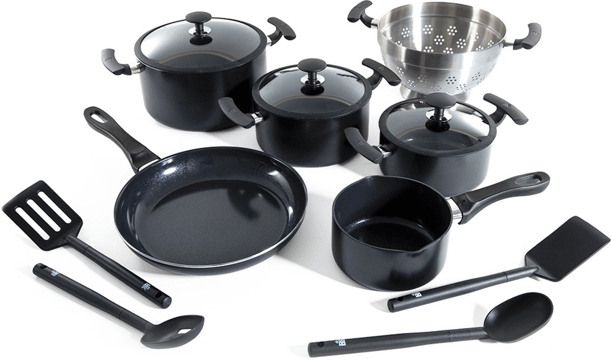 BK Vivid Antihaft-Pfannenset aus Keramik, 13-teilig – ø16–28 cm – Bratpfanne – Schmorpfanne – PFAS-frei – Induktionspfannenset – ofenfest bis 160 °C – spülmaschinenfest – schnelles Aufheizen – Kaltgriffe – schwarz