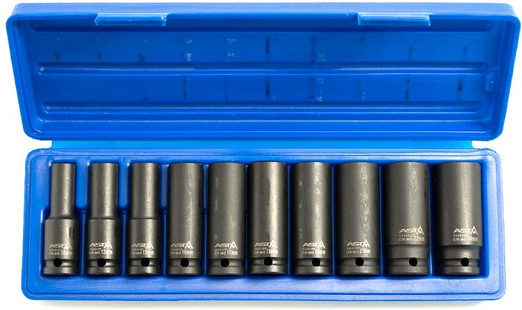 Asta Satra langer Kraft-Steckschlüssel-Satz – 10-teilig – 1 2-Anschluss – 10 bis 24 mm – Kraft-Stecknüsse – Steckschlüssel-Set – Asta