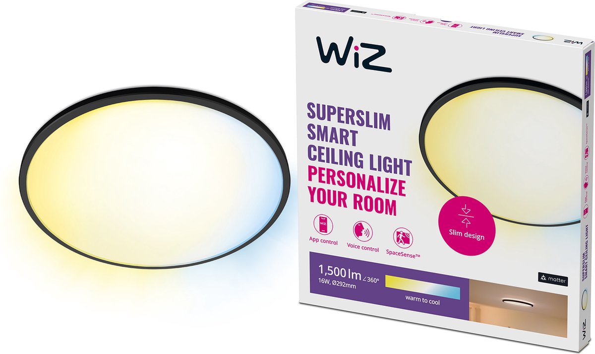 Wiz Deckenleuchte superschlank – Durchmesser: 30 cm – warmes bis kaltweißes Licht – intelligente LED-Beleuchtung – integrierte LED – 16 W – Schwarz – WLAN
