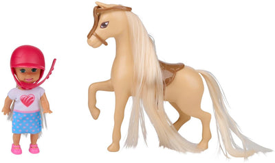 Eddy Toys Modepuppe Mini 9 cm mit Pferd – Modepuppen-Spielset mit Helm und Sattel – Pferd mit langer Mähne – Spielset für Kinder – Box mit Fenster