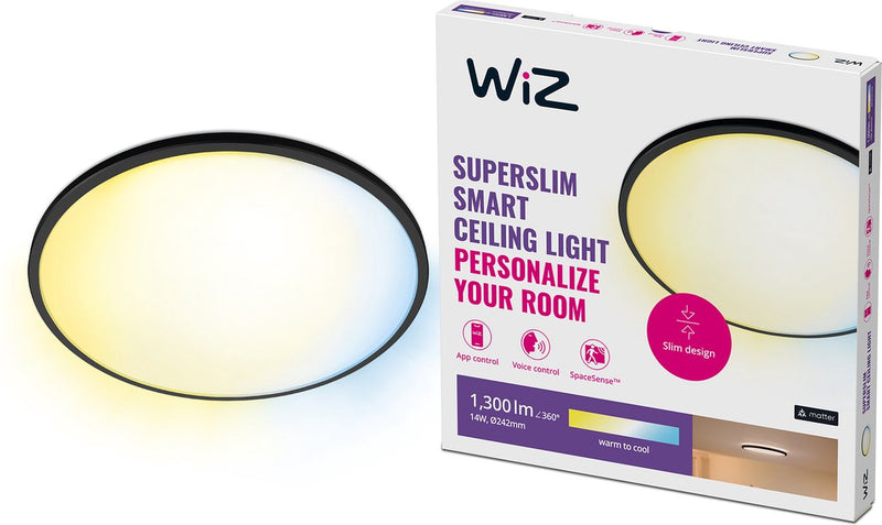 Wiz Deckenleuchte superschlank – Durchmesser: 25 cm – warmes bis kühles weißes Licht – intelligente LED-Beleuchtung – integrierte LED – 14 W – Schwarz – WLAN