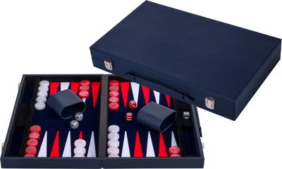 Longfield Backgammon 15 Zoll – rot-weiß eingelegtes Brett – luxuriöse Kunstlederhülle – inklusive Steine, Würfelbecher – Engelsherz