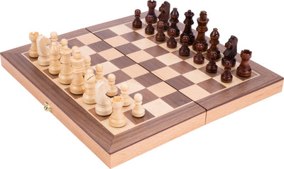 Engelhart Schachspiel Buchenholz mit Walnussfurnier – klappbares Holzschachbrett 30x30 cm – luxuriös eingelegtes Spielfeld – Travel Home Edition –