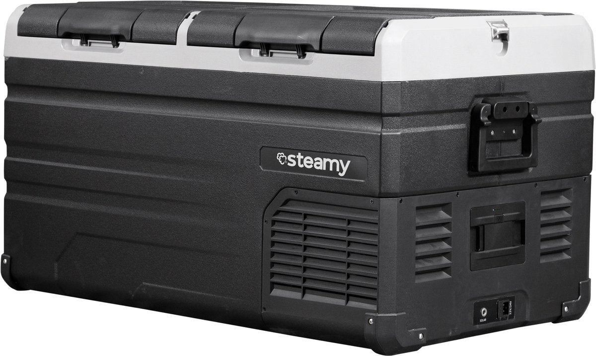 Steamy-e Zweizonen-Kühlbox mit elektrischem Kompressor – Zweizone – 72 Liter – 12 V und 230 V – für Auto und Camping – Schwarz