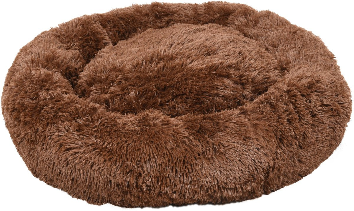 Flamingo-Hundebett – Donut-Hundebett – Katzenbett – runder Plüschkorb mit rutschfestem Rand – krems brauner Korb – ø70 cm
