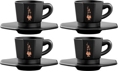 Achteckiges Espressotassen-Set von Bialetti – 4 Tassen mit Untertassen – 75 ml – mattschwarzes Porzellan mit goldfarbenen Details