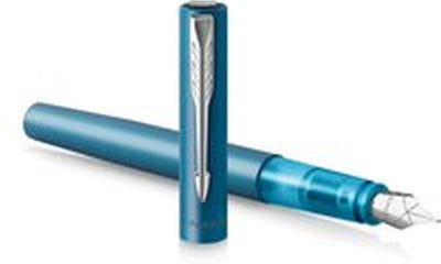 Parker Vector XL Füllfederhalter | metallische grünblaue Farbe auf Messing mit Chromdetails | mittlere Feder mit blauer Mine | Geschenkverpackung