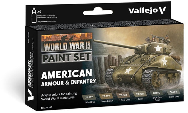 Vallejo Hobbyfarbe Acrylfarbe – 70203 Modellfarbe – Farbset für amerikanische Panzer und Infanterie des Zweiten Weltkriegs – Acrylset – 6x Farbset – 6x 18 ml