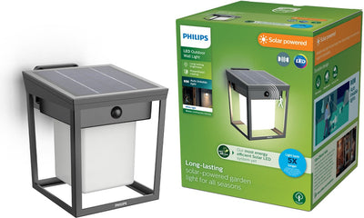 Philips LED Philips Blaise Wandleuchte – ultraeffiziente LED – Solar-Außenleuchte – warmes, helles Licht 3000 K – Anthrazit – rechteckiges Design – Bewegungssensor – Solarenergie – automatisch verknüpfbar